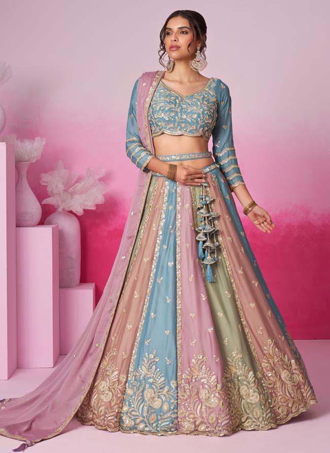 Pure Silk Turquoise Blue Wedding Wear Sequins Work Lehenga Choli